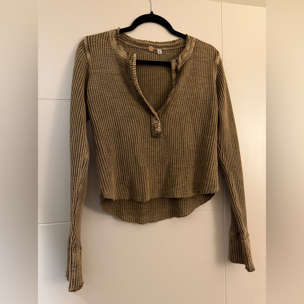 Free People Green Waffle Knit Top